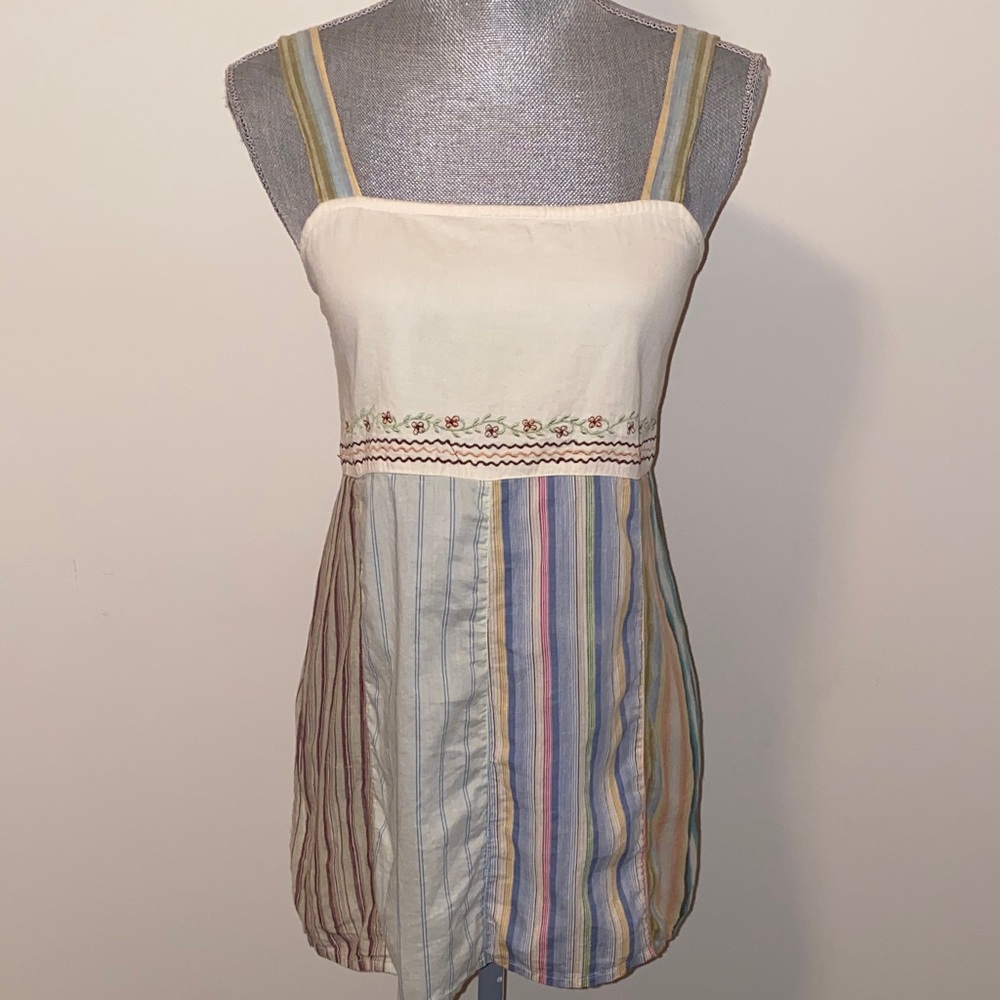 Skye Y2K Fairy Grunge Pastel Striped Embroidered Sleeveless Babydoll Top Cream M